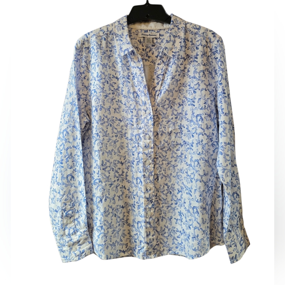 Tommy Bahama Women's 100% Linen Button Up Blouse Blue White Size Small